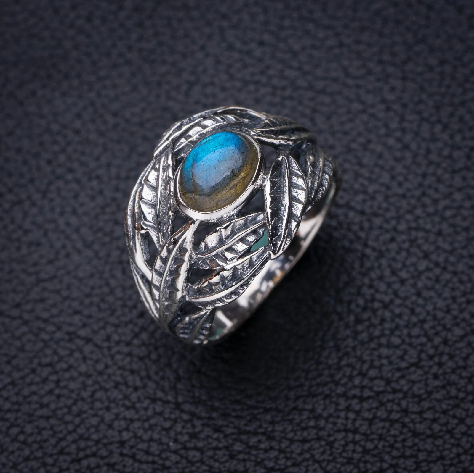 

StarGems Natural Blue Fire Labradorite Leaf Handmade 925 Sterling Silver Ring 8.5 E7131