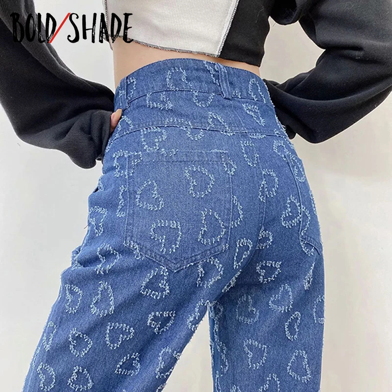 

Bold Shade Heart Print High Waist Blue Denim Jeans Grunge Streetwear Fashion 90s Straight Pants Women Y2K Vintage Style Jeans
