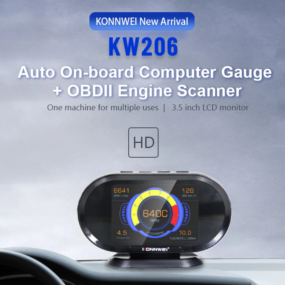 

Автомобильный бортовой компьютер KONNWEI KW206 OBD 2, сканер OBD2 для расхода топлива, датчик температуры воды, цифровой HD дисплей