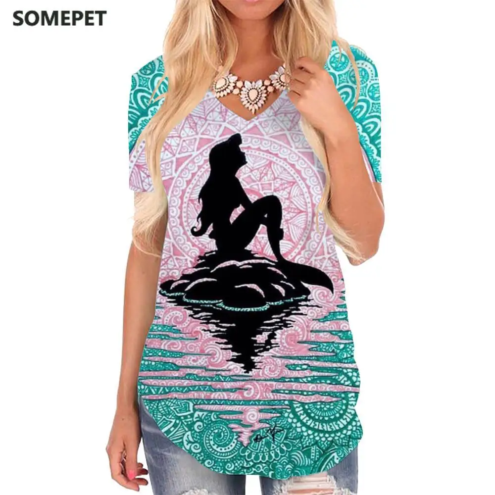 

SOMEPET Mermaid T-shirt women Ocean Tshirts Printed Abstract V-neck Tshirt Psychedelic Funny T shirts Womens Clothing Punk Rock