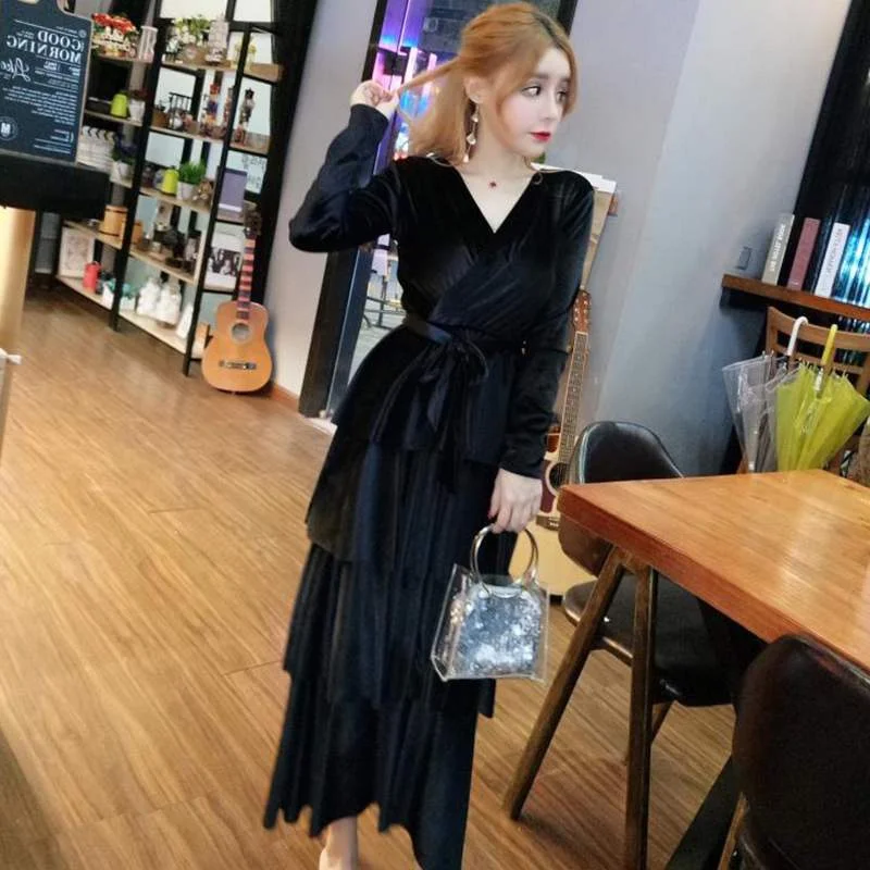 Женское вельветовечерние платье Young Gee Повседневное с длинным рукавом