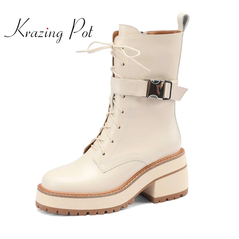 

krazing pot England style retro fashion genuine leather round toe high heels cross-tied winter keep warm cozy mid-calf boots L33