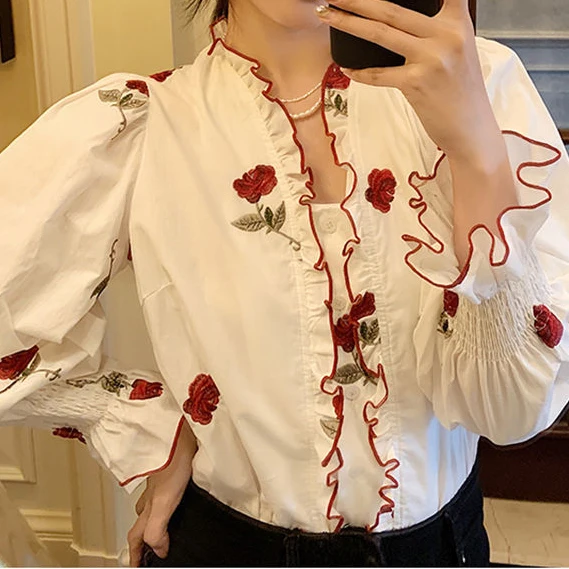 

French elegant rose print shirt women 2021 spring new design sense loose v-neck long-sleeved top Embroidery V-Neck