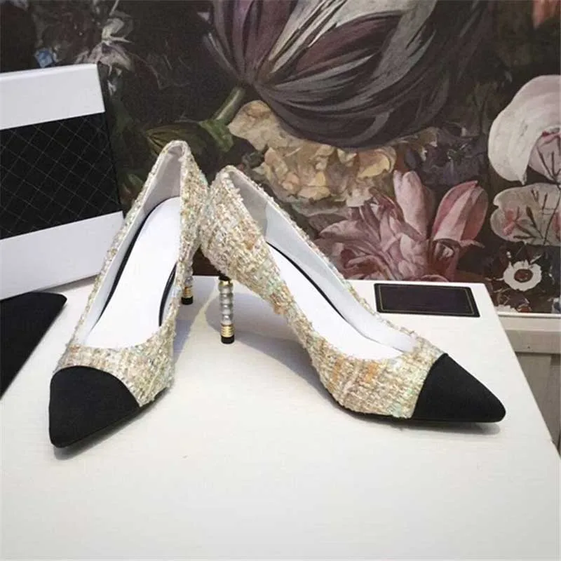 

2021 Plaid Weaving Pattern High Heels Shoes Women Pointed Toe Runway Design Pearl Heel Slip On Stilettos Single Shoes