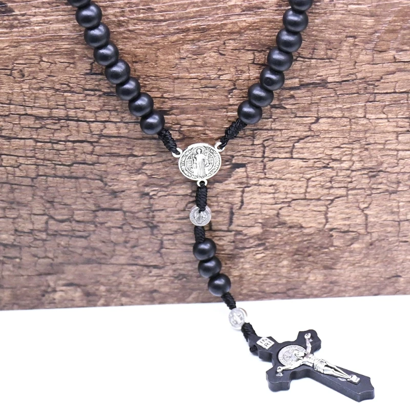 

Black Wooden Cross Religious Necklace Catholic Rosary Necklace Church Souvenirs