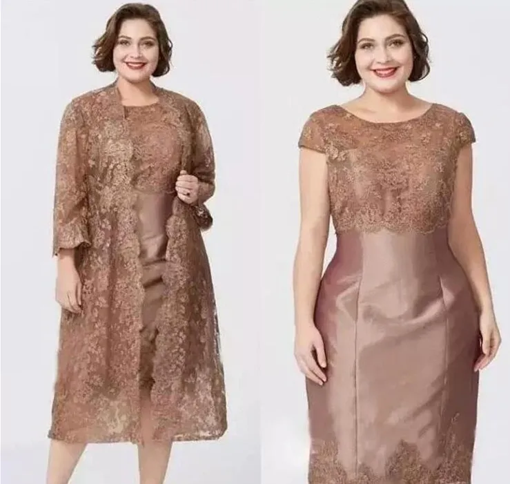 

Plus Size Coffee Lace Mother of the Bride Dresses Knee Length Satin Two Pieces with Jacket Formal Groom Mum Wedding Guest Dress
