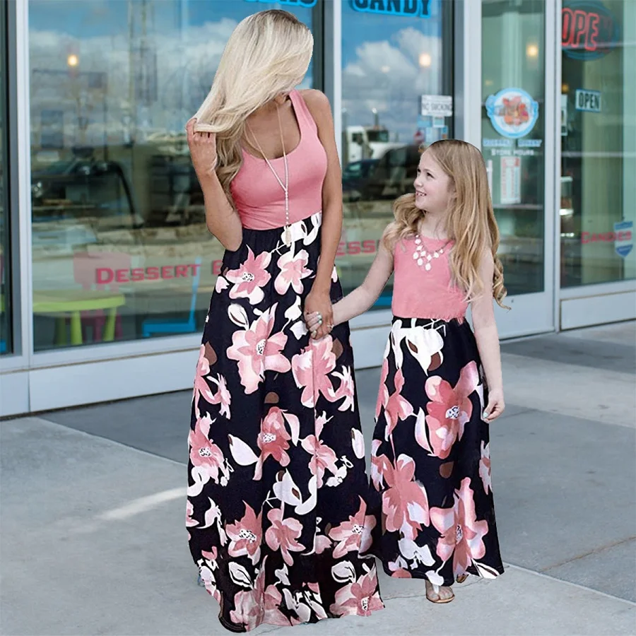 

8 Colors Mother Daughter Dresses Outfits Long Dress Mom And Daughter Dress Girls Mother And Me Dress Matching Family Clothes 1-9