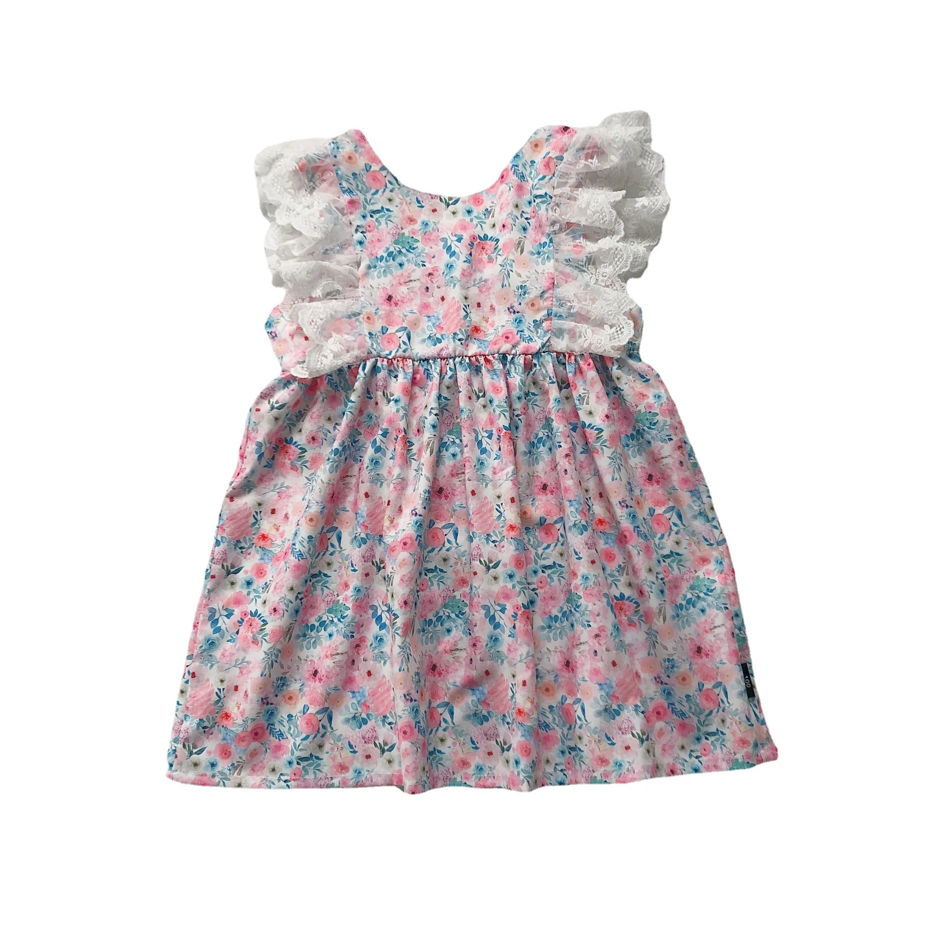 

Summer Girls Floral Dress Cotton Crewneck Lace Ruffled Flower Print Baby Princess Dress Kids Dresses for Girls 2 To 6 years