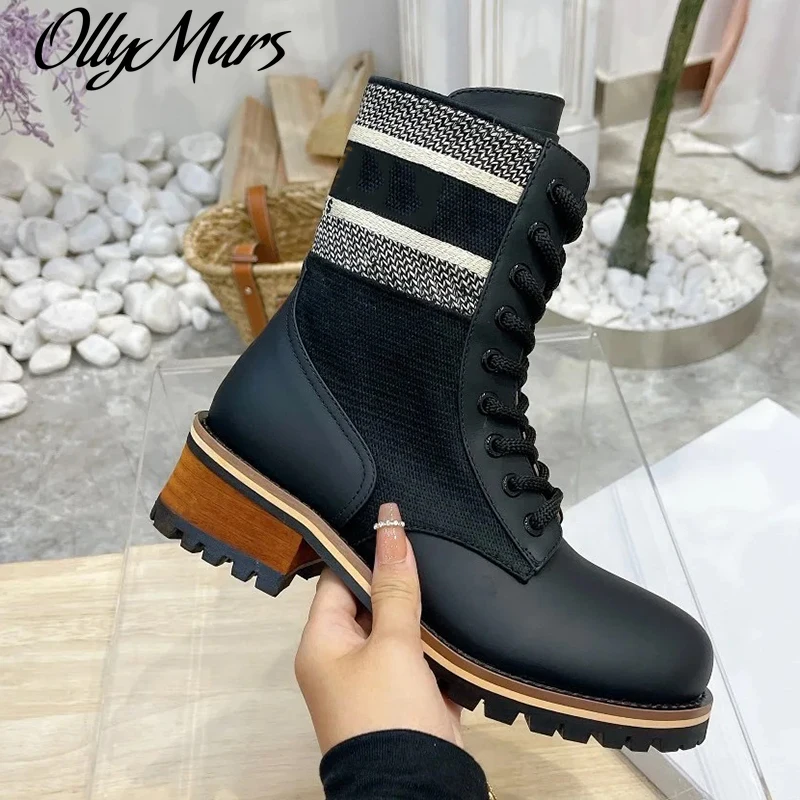 

Новинка Осень-зима 2021, женские эластичные ботинки ollywalls смешанных цветов, Ботинки Martin, женская обувь до середины икры на шнуровке, с круглым ...