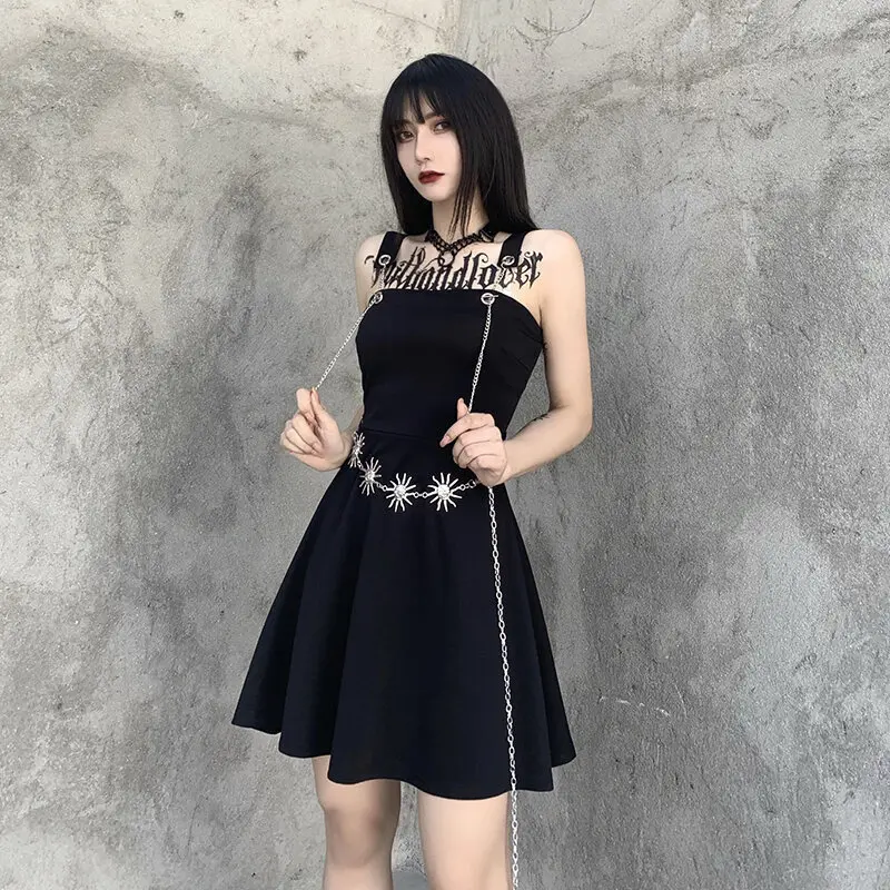 

Black Goth Mini Dress 2020 Lady Long Metal Chains Butterfly Strap Dressed Pleated Eyelet Cool Backless Strapless Vestidos Belt