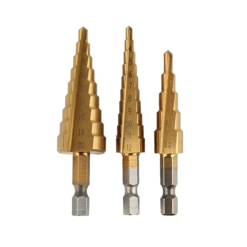 

3Pcs HSS Titanium Coated Step Drill Bit 3-12 4-12 4-20 Drilling Power Tools Metal High Speed Steel Wood Hole Cutter Cone Drill
