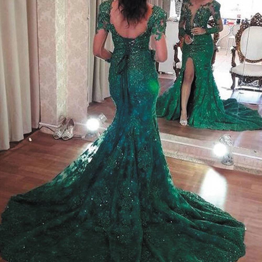 

SuperKimJo Robes De Soiree Green Lace Evening Dresses Long Sleeve Modest Elegant Beaded Applique Evening Gown Abiti Da Sera