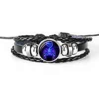 new 12 constellation zodiac sign black braided leather bracelet leo taurus gemini woven glass dome jewelry punk men bracelet