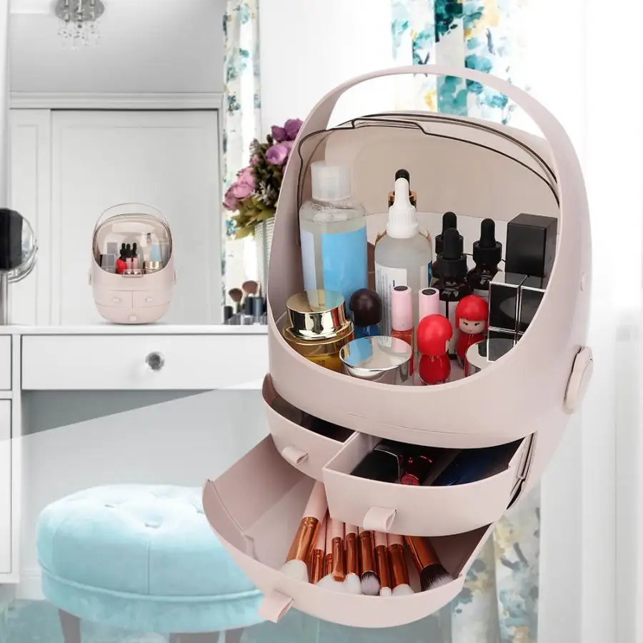 Beauty Cosmetics Case Desktop Portable Makeup Organizer Cosmetic Storage Box Jewelry Container with Lid Round Pink Make-Up Tool | Красота и