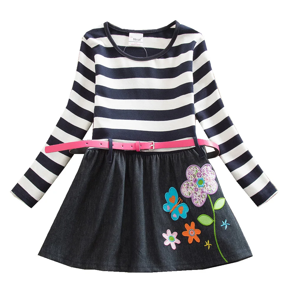 NEAT/Одежда для девочек платье с длинными рукавами Полосатое цветочной вышивкой