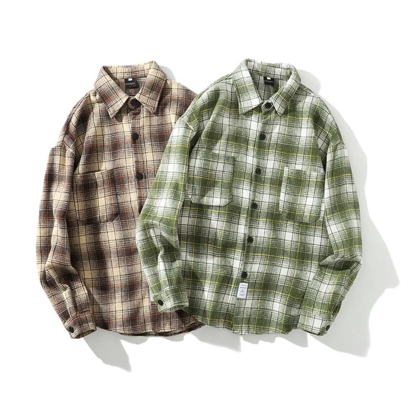 Men Shirt Thick 2021 New Arrival Spring And Autumn Pocket Checkered Loose Stripe Male Shirt Korean Style Green Khaki S132