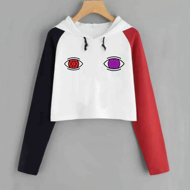 Harajuku аниме толстовки для женщин Наруто укороченная Толстовка Uchiha Uzumaki Hatake Eyes пуловер с рисунком толстовка хип хоп Уличная - Цвет: 19