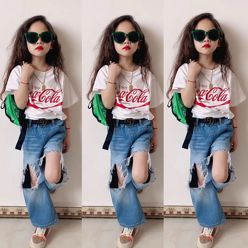 Джинсы для девочек от 2 до 9 лет модные рваные Брюки с широкими штанинами штаны