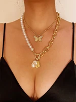vintage butterfly clavicle multi layer chain female simple pearl butterfly necklace gold silver color fashion necklaces jewelry