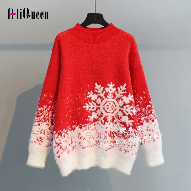

Autumn Streetwear Women Snow Pattern Turtleneck Knitted Cashmere Sweater Pullover Korean Winter Oversized Christmas Sweaters