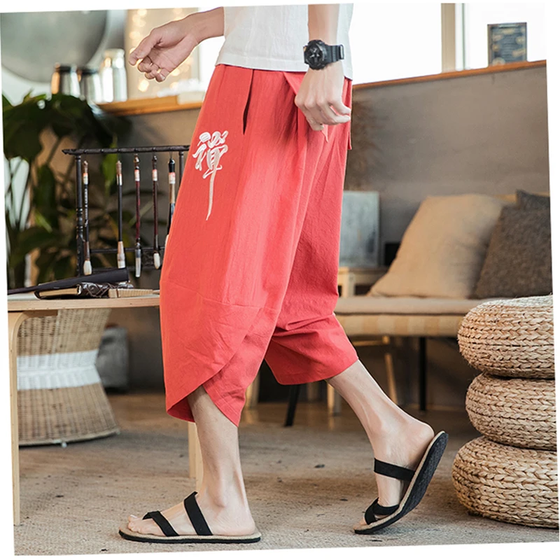 

Summer Linen Pants Mens 2020 Men's Chinese Style Embroidery Pants Male Cropped Trousers Casual Cotton And Linen 7 Points Pants