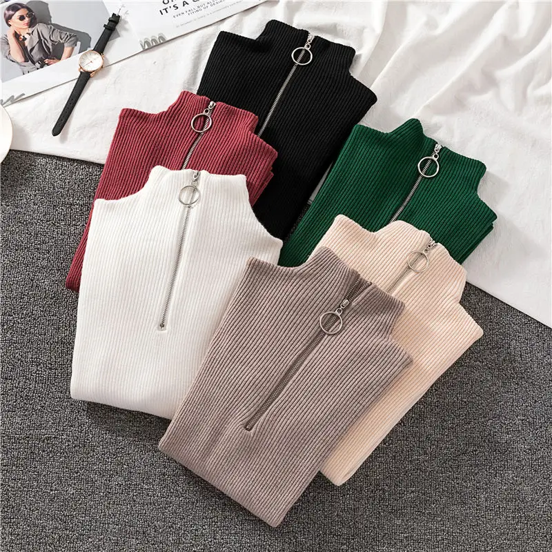 

Autumn Winter Vintage Half Turtleneck Jumper Femme Korean Chic Long Sleeve Knitted Pullovers 2020 New Zipper Women Sweaters