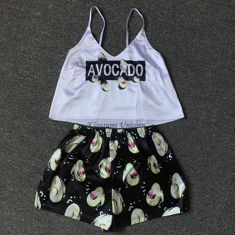 

Avocado Pyjama Voor Vrouw Zijde Sexy Pijamas Vrouwen Satin Pyjama Femme Animal Print V-hals Thuis Pak Meisjes Zomer Nachtkleding