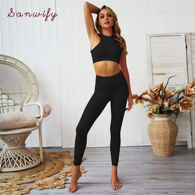 

2 Piece Women Tracksuit Solid Yoga Set Running Zipper Crop Tops Padded Gym Leggings Sports Suit Sportswear Workout Clothes S-l