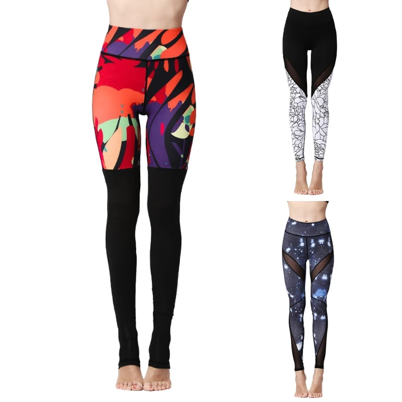 

Women High Waist Tummy Control Yoga Leggings Mesh Patchwork Fitness Pants Stripes Contrast Color Printed Running Tights
