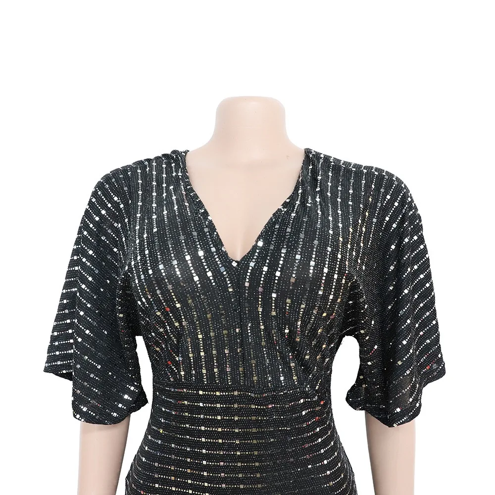 

Christmas Party Sequin Sexy V-neck Lady Maxi dresses Elastic Bat Sleeve party dresses African dresses for women