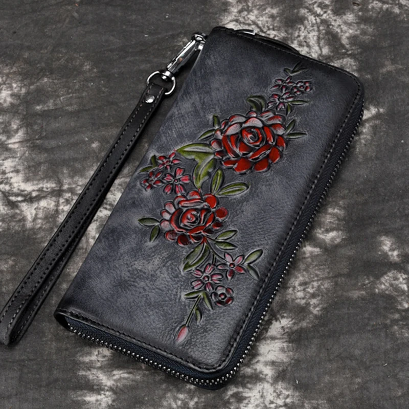 Длинный кошелек из натуральной воловьей кожи с тиснением женский удобный