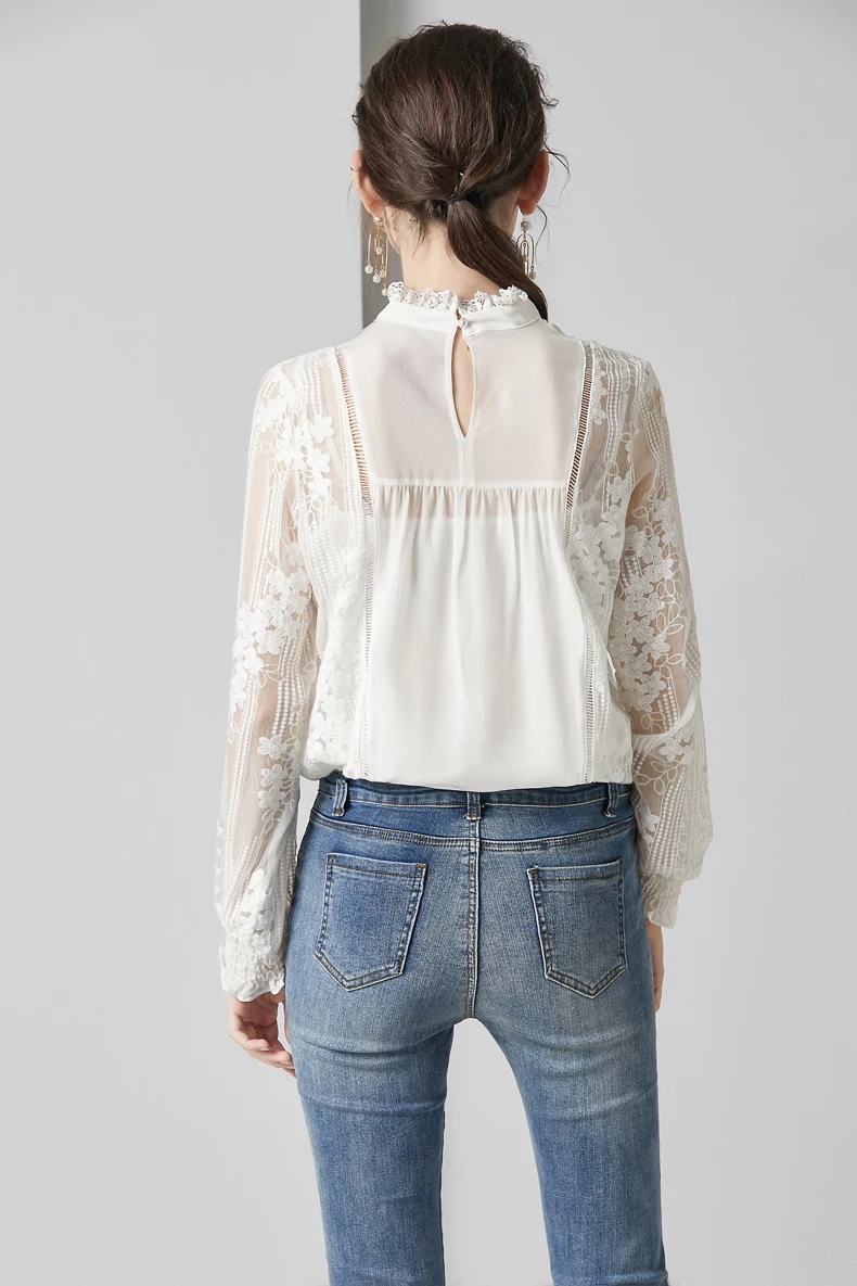 Женские рубашки из натурального шелка со стоячим воротником с длинными рукавами