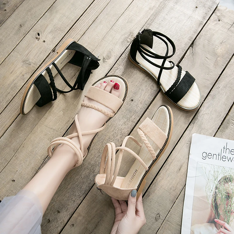 

Beige Heeled Sandals Flat Summer Shoes Woman All-Match Cross-Shoes Black Without Fashion Comfort 2021 Velvet Clear Low New