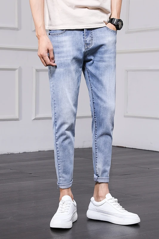 

Mens Jeans Classic Denim Jeans with Zippers Pleated Slim Blue Jean Men's Long Pants Trousers Men's slim-fit leg cropped pants