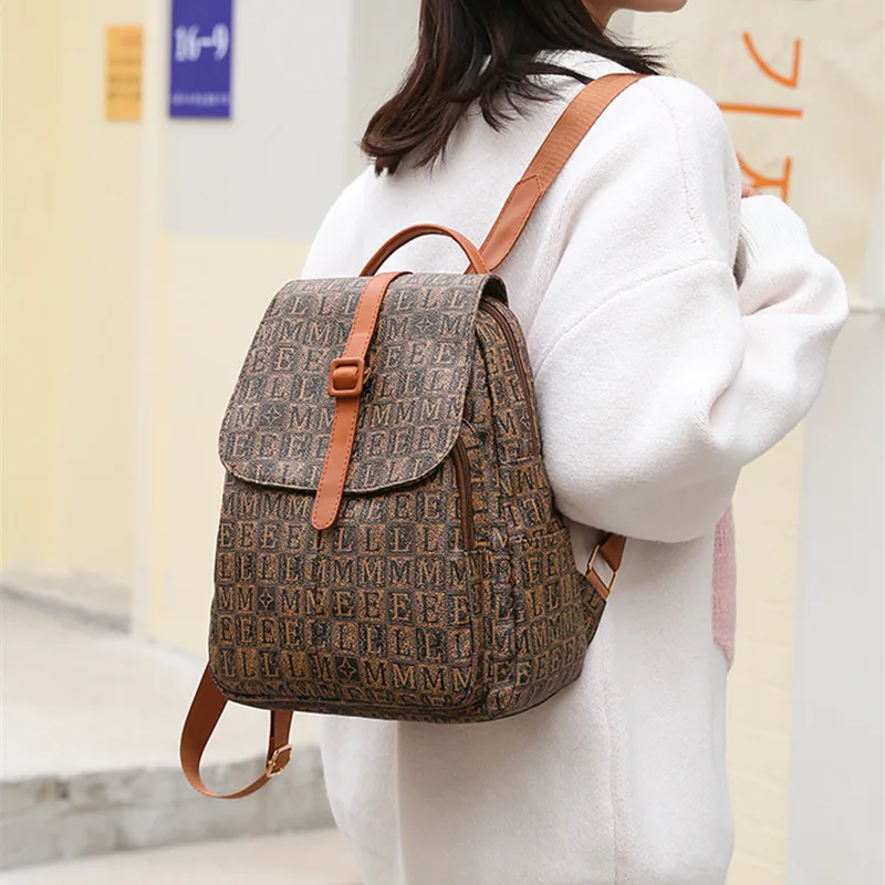 

Autumn Winter Women's Backpack Fashion Letter Printing High Quality Pu Waterproof Multi-Pocket Large Capacity Leisure Travel Bag