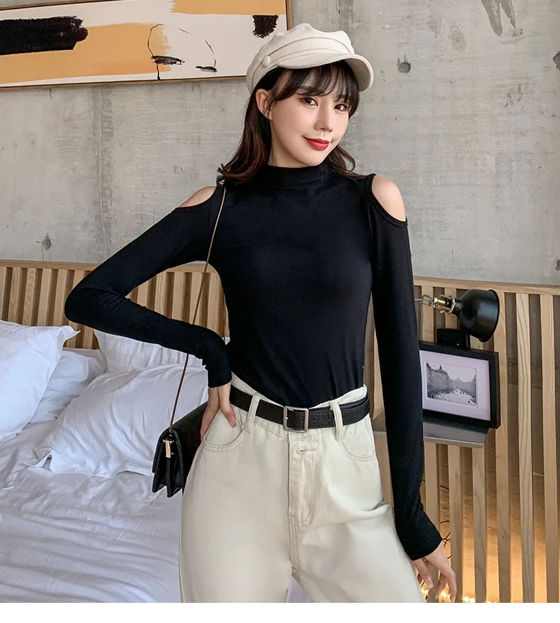 

Autumn Winter New Sweater Women Pullover Solid Half Turtleneck Long-Sleeve Sweaters Top O Neck Black Off Shoulder Clothes H173