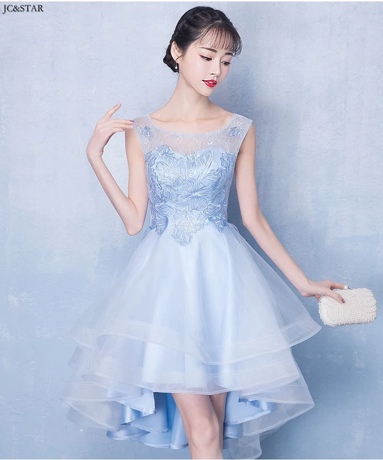 

Plus size bridesmaid gown new Scoop neck lace light blue high low wedding guest dressTea-Length robe demoiselle d'honneur