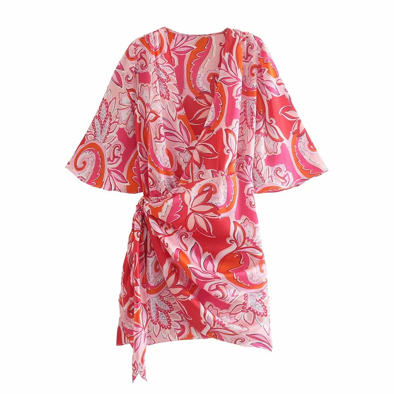 

ZA Vintage Summer shirt Dress Totem Floral Print Knotted Kimono Mini Dresses Short Sleeve V Neck Fashion Beach Short shirt Dress