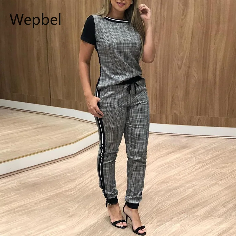 

Комплект брюк Wepbel женский клетчатый, повседневный комплект из топа с коротким рукавом и брюк с завышенной талией, комплект из 2 предметов, ле...