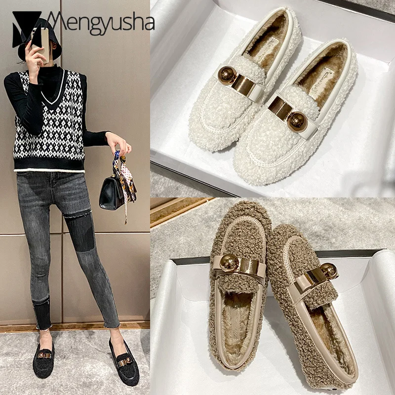 Женские кожаные плюшевые мокасины на плоской подошве с круглым и квадратным
