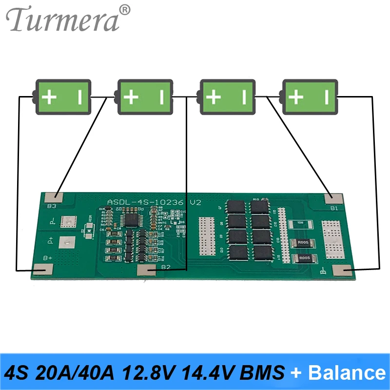 

Turmera 4S 40A 12.8V 14.4V BMS for 32650 32700 Lifepo4 Battery Balanced Electric Boat Uninterrupted Power Supply 12V Car Battery