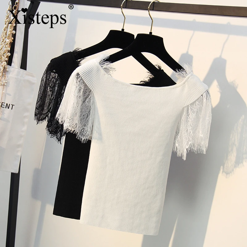 

Летняя кружевная Лоскутная трикотажная футболка Xisteps с воротником-лодочкой из вискозы для женщин, тонкая элегантная женская Повседневная ф...