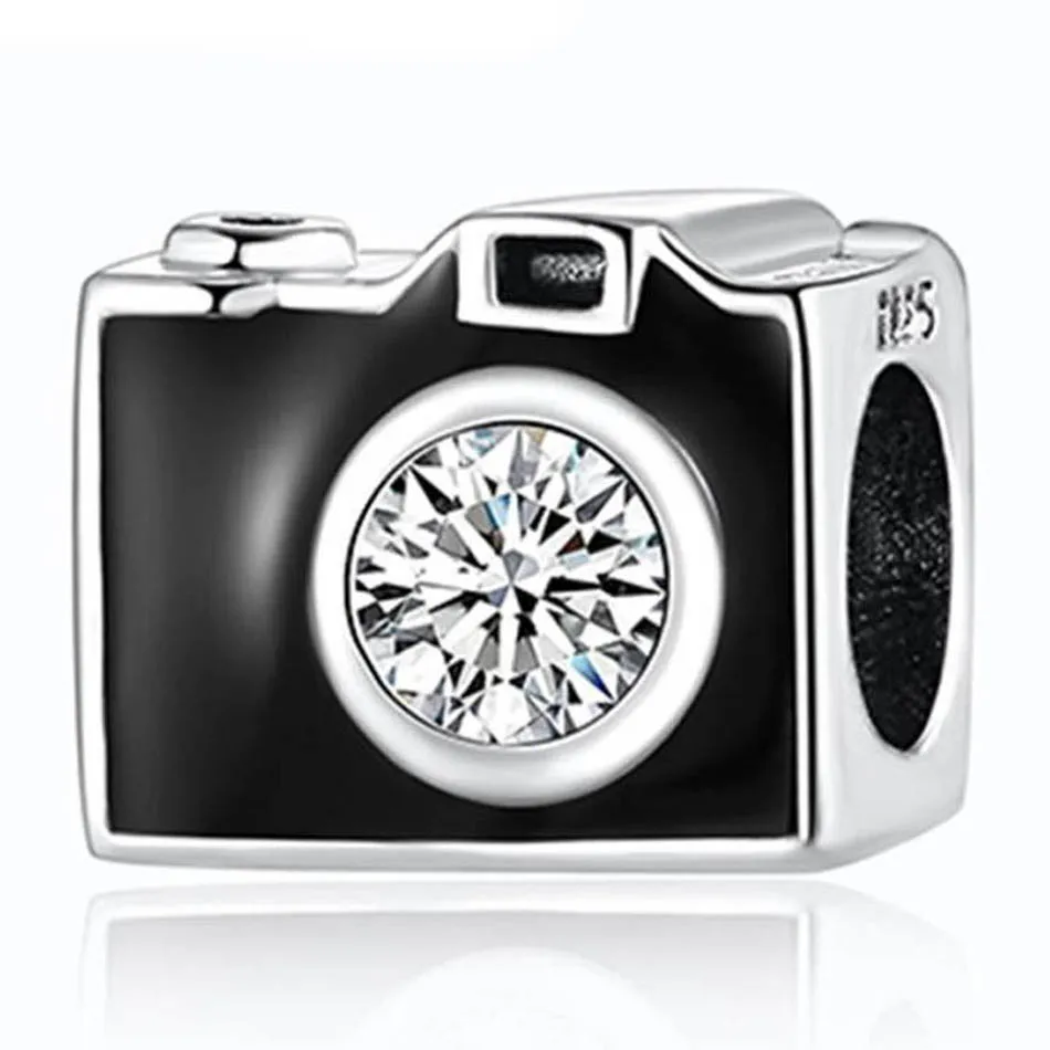 

Подлинная Серебряная бусина S925 с черной эмалью камера с кристаллами Подвески Подходит для браслета Пандоры браслет DIY ювелирные изделия