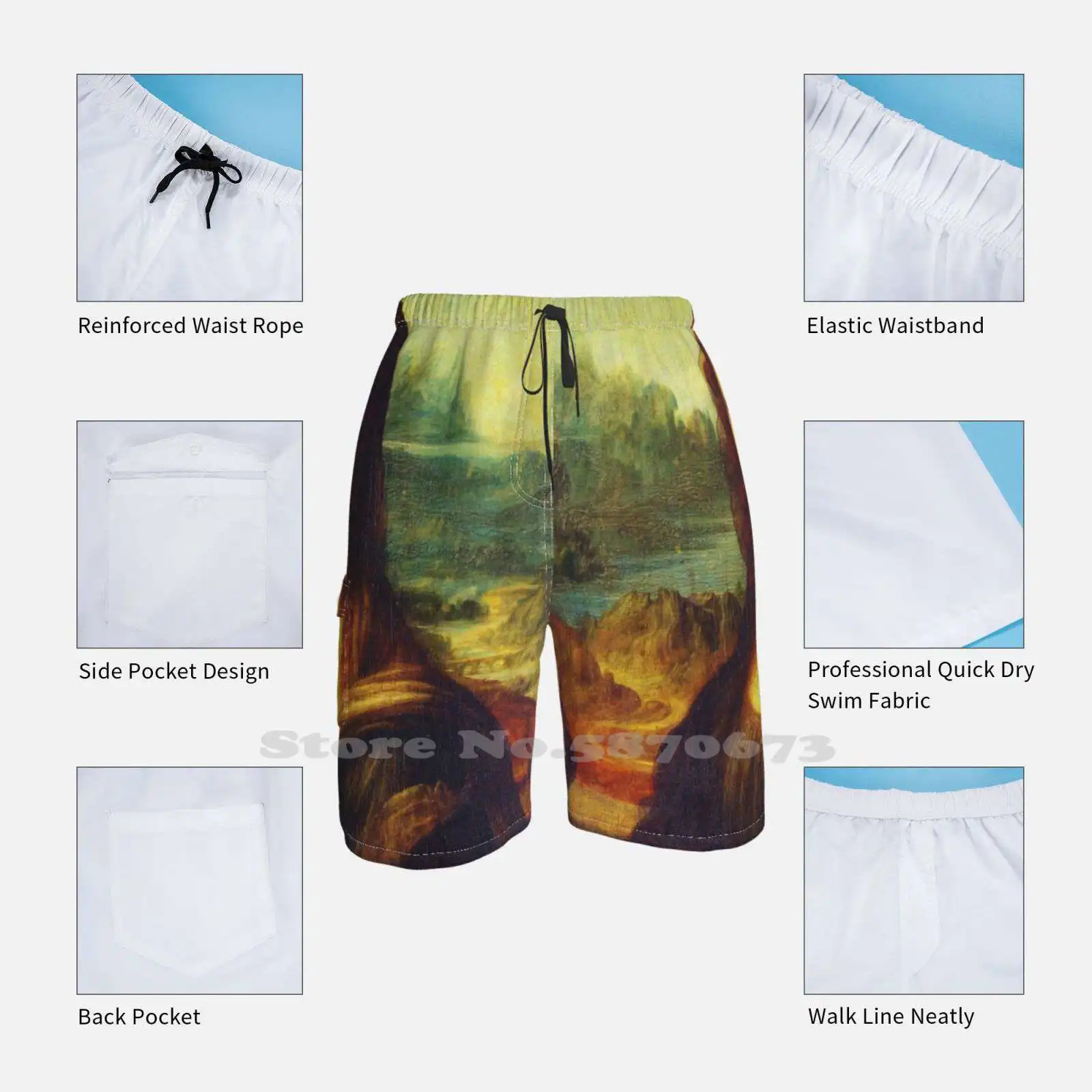 Мужские спортивные пляжные шорты для плавания Мона Лиза Манна живопись улыбка |