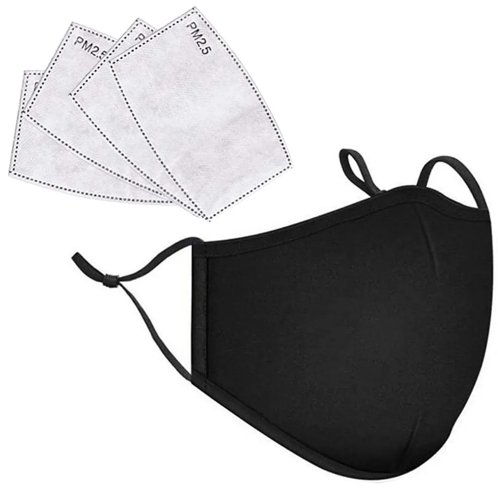

1PC +4 Filters Women And Men Fashion Solid Color Cotton Mask Outdoor Dustproof Windproof Fog Haze Washable Reusable Face Mask