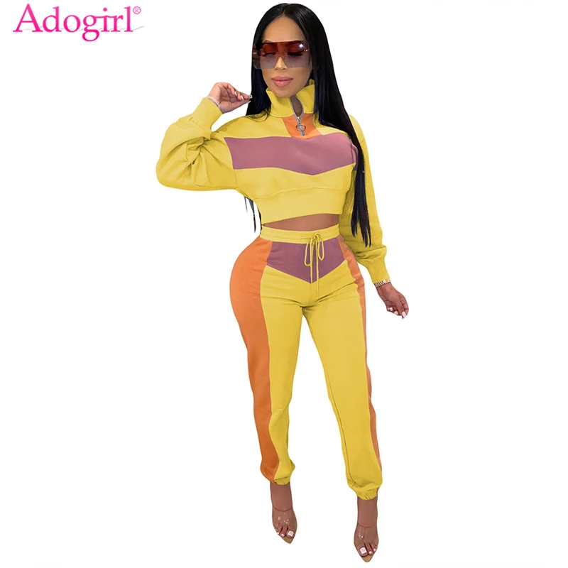 

Adogirl Color Patchwork Women Tracksuit Two Piece Set Zipper Turtleneck Long Sleeve Sweatshirt Crop Top Casual Pants Sportswear