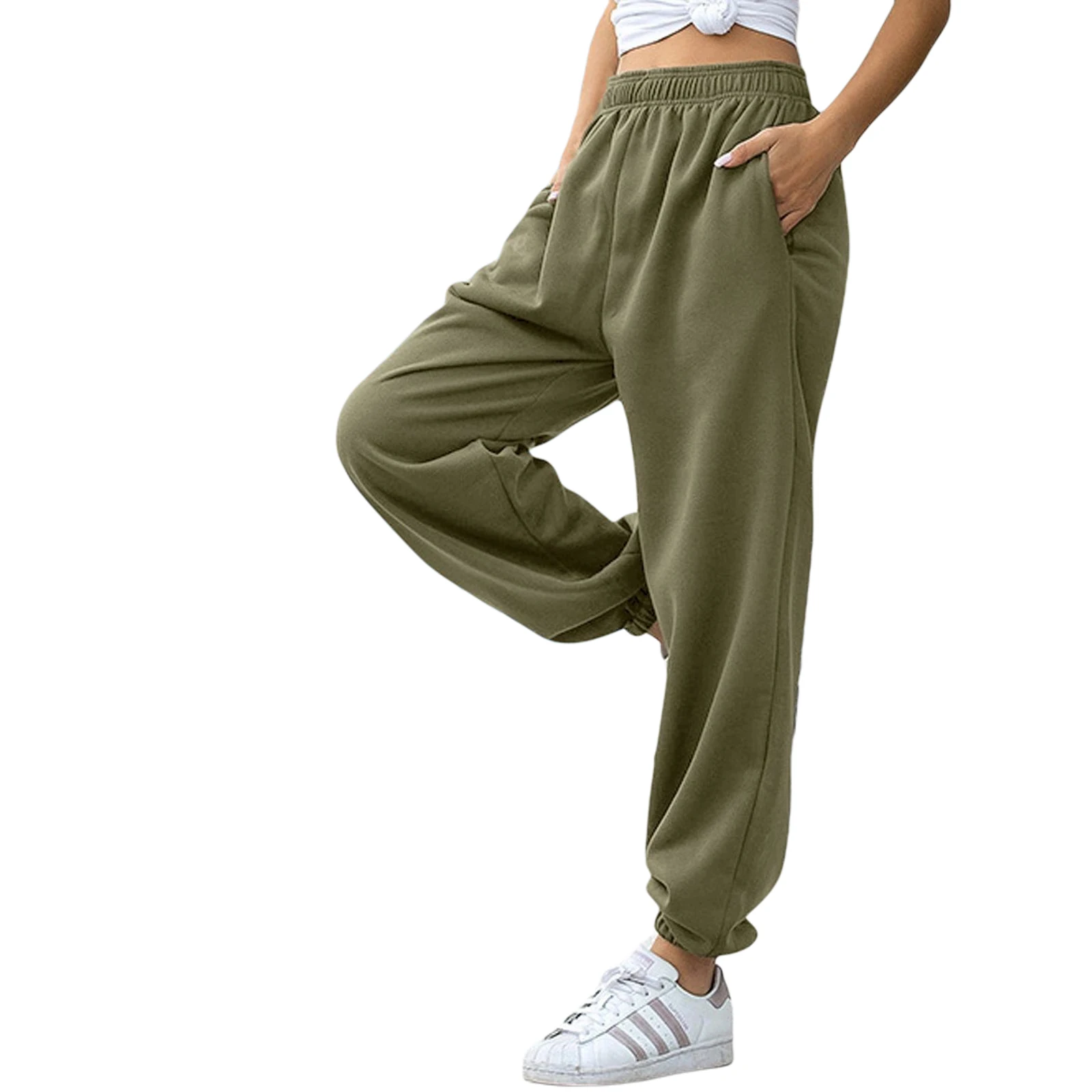 

Новинка 2021, стильные Женские однотонные плюшевые длинные брюки, спортивные утепленные мешковатые брюки с эластичным поясом для тренировок,...