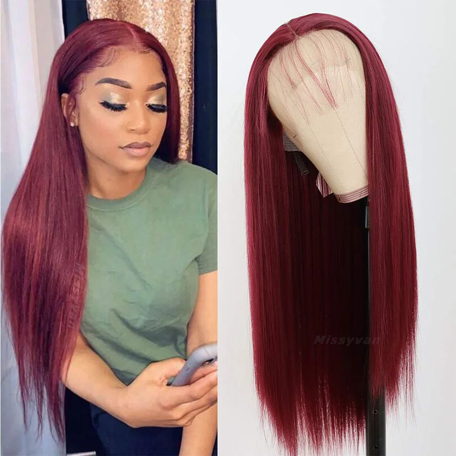 

Бордовый цветной парик 99J, парик из человеческих волос на сетке спереди, парики для женщин, бразильские прямые волосы с глубокой T-образной ч...