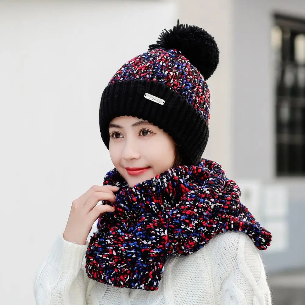 Женский Зимний вязаный комплект из шапки и шарфа плотная теплая вязаная шапка