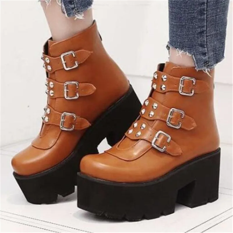 

Winter new punk gothic platform boots womens zipper black leather wedge shoes motorcycle boots military combat riding boots